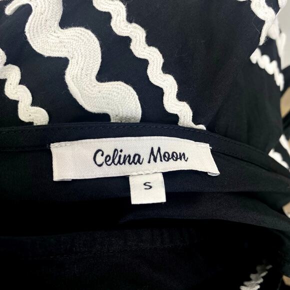 CELINA MOON Nawari Ric Rac Mini Dress Sz S Black Tiered Ruffle Halter Tuckernuck - Picture 6 of 15